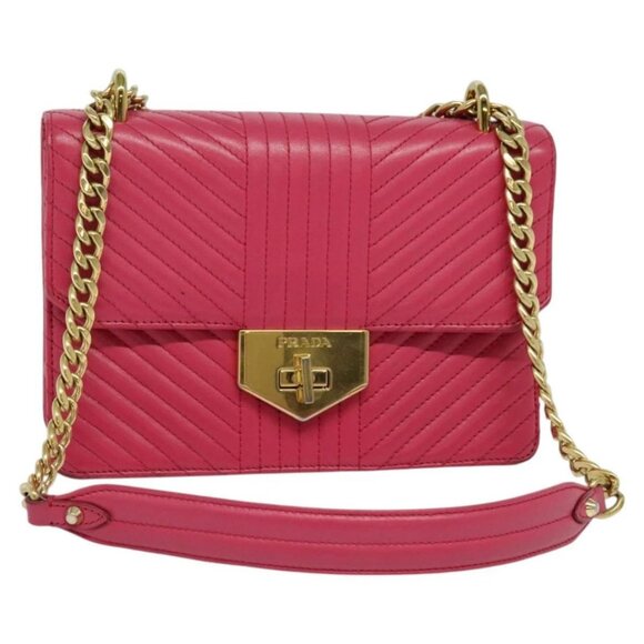 PRADA Chain Shoulder Bag Leather Pink Gold Auth - Picture 1 of 16